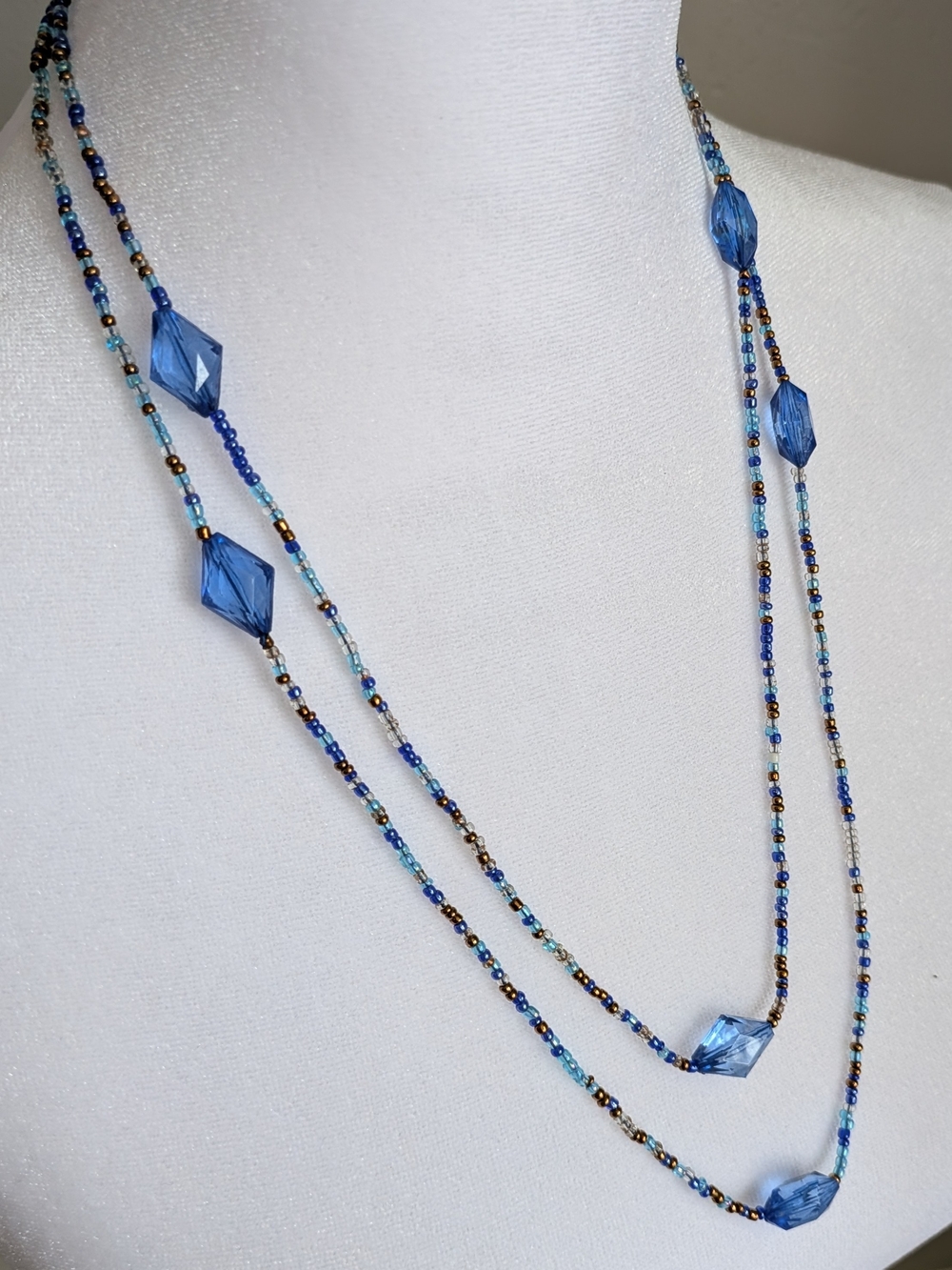 Vintage Blue Beaded  Necklace 48"L